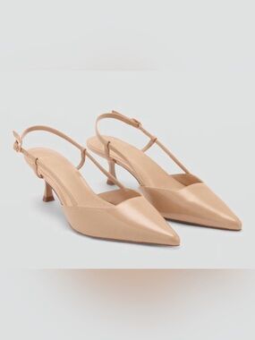 NEW MANGO MNG NUDE PATENT KITTEN HEELS SLINGBACK SHOES SZ 37 US 6.5